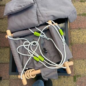 Gray Fabric Baby/Toddler Swing Seat with Wooden Frame